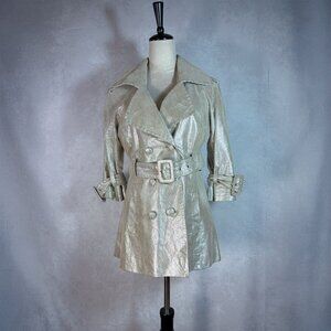 Bebe Leather Belted Trench Coat Jacket 3/4 Sleeves Light Beige- Silver Size S